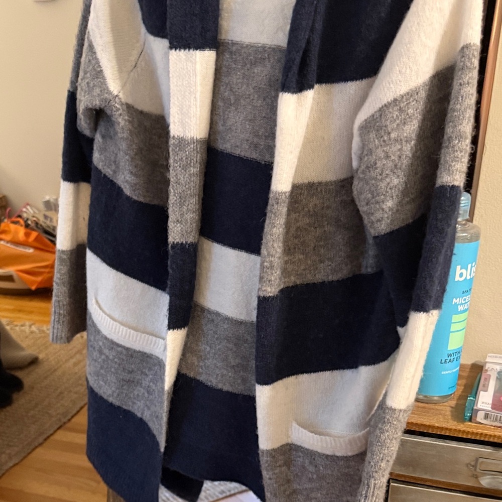 Striped Open-Front womens hooded Sweater Cardigan - Navy, Gray & White